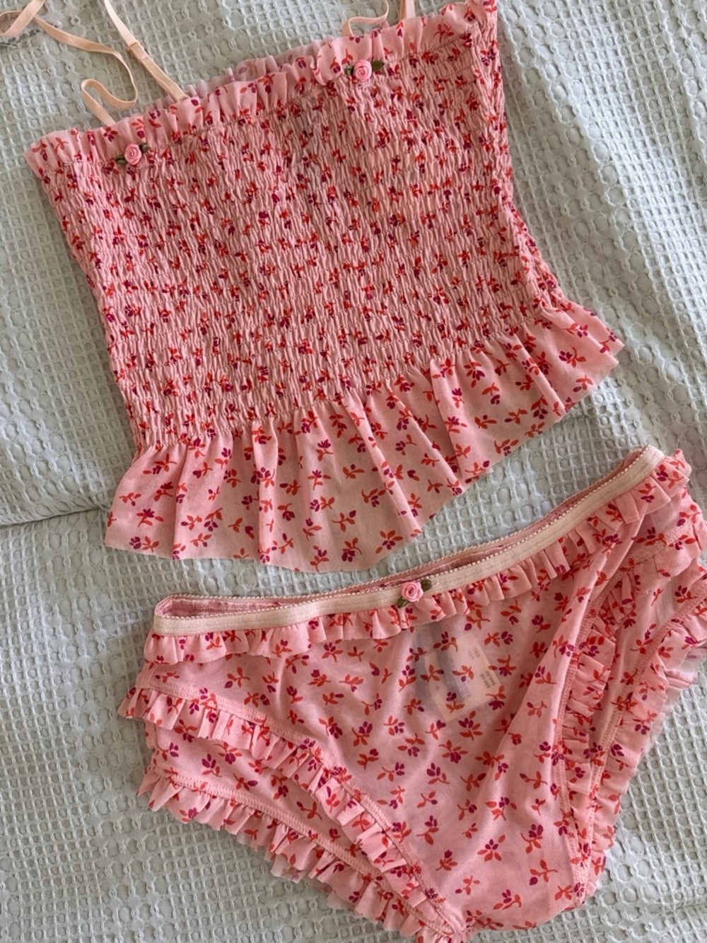 Pink Floral Smocked Camisole & Brief Set - Women's Intimates